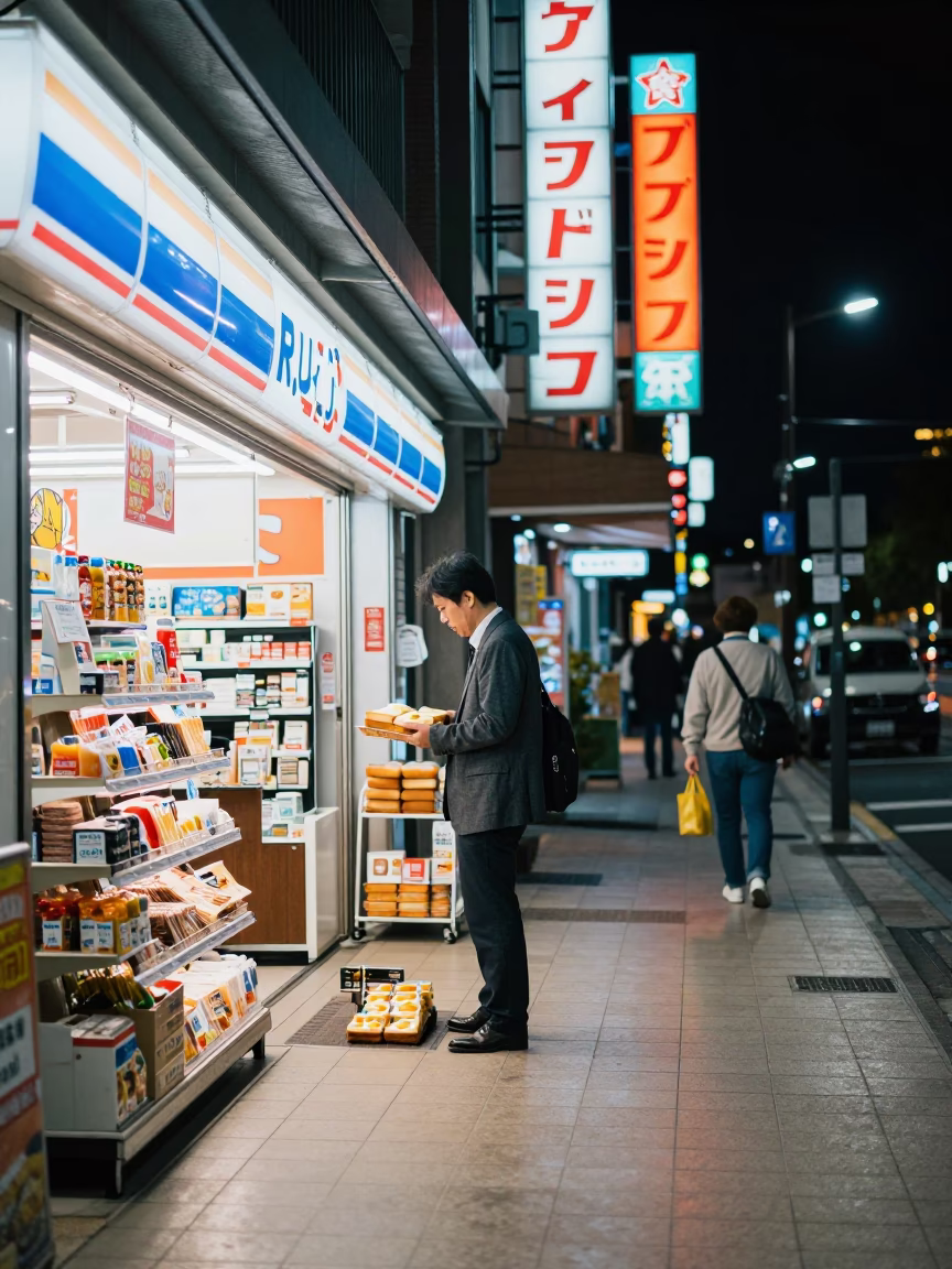 Midnight Convenience Store Scene in Kyoto Japan with Neon Signs and Late Night Customers in in Kyoto, Japan