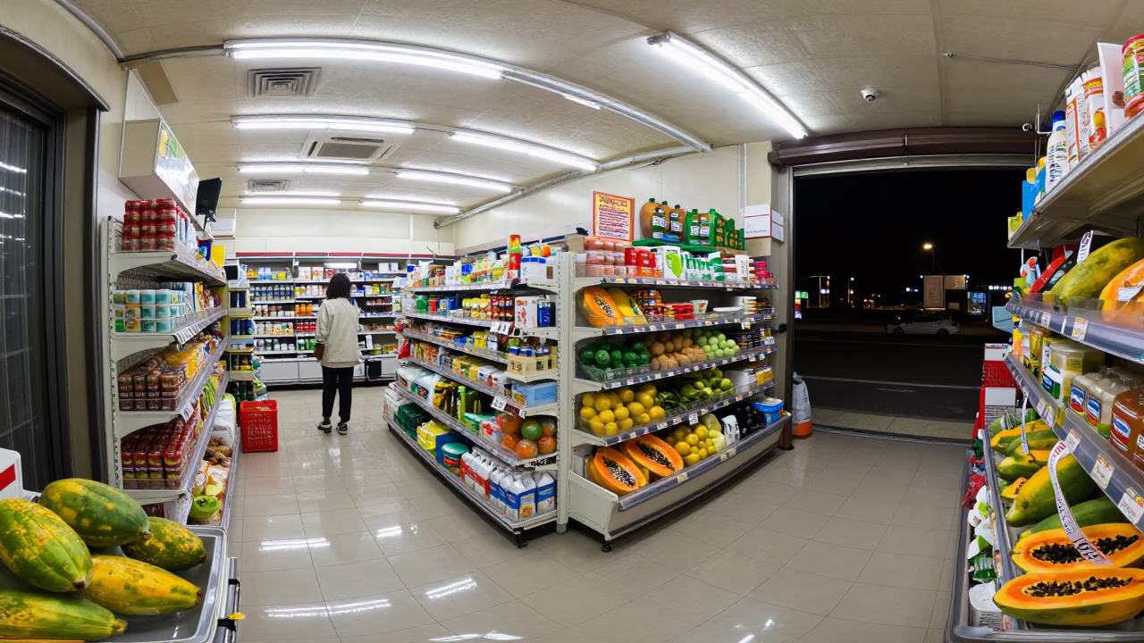 Midnight Convenience Store Scene in Tainan Taiwan with Papayas and Prayer Beads in in Tainan, Taiwan