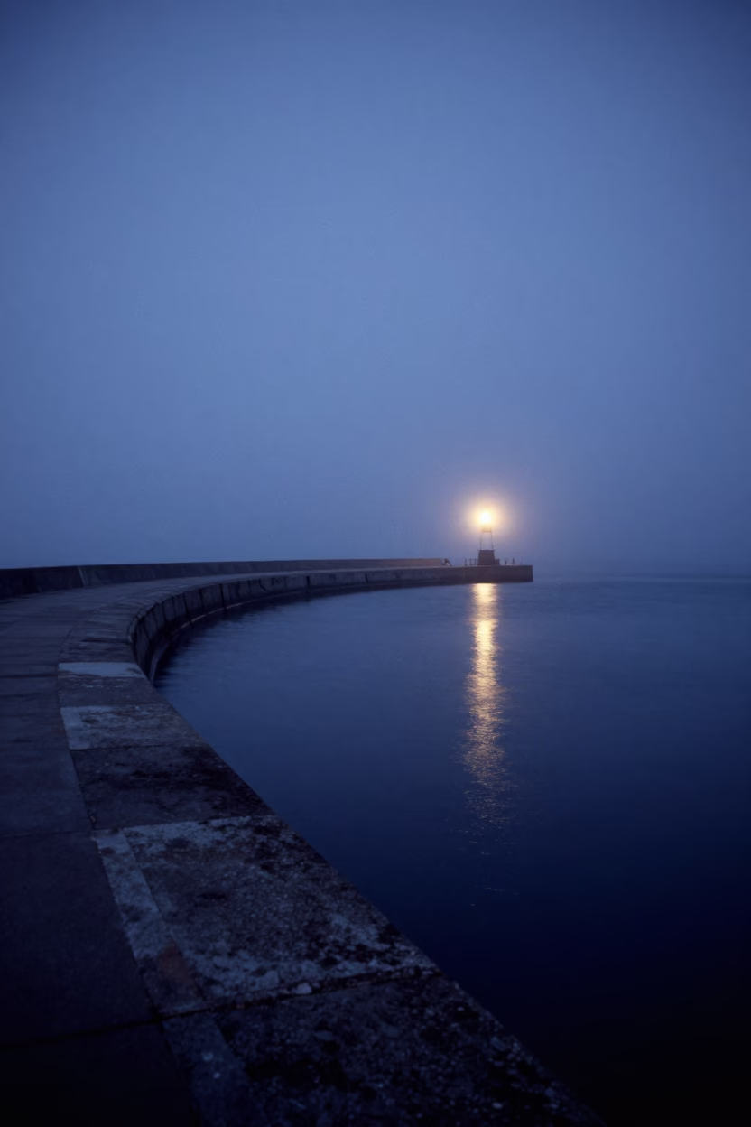 Midnight Copenhagen Harbor Breakwater Curve and Lonely Beacon Fog in in Copenhagen, Denmark