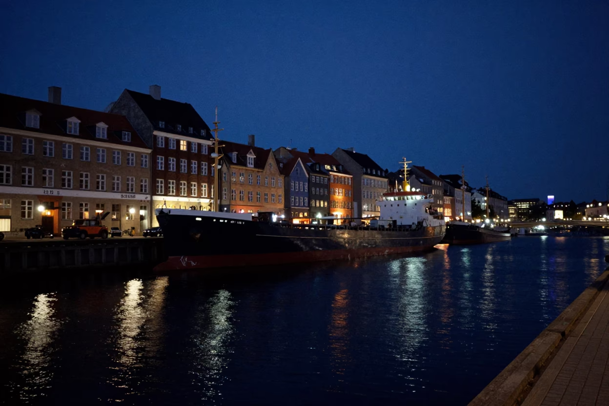 Midnight Copenhagen Harbor Scene with Cargo Ship and Breakwater Beacon in in Copenhagen, Denmark