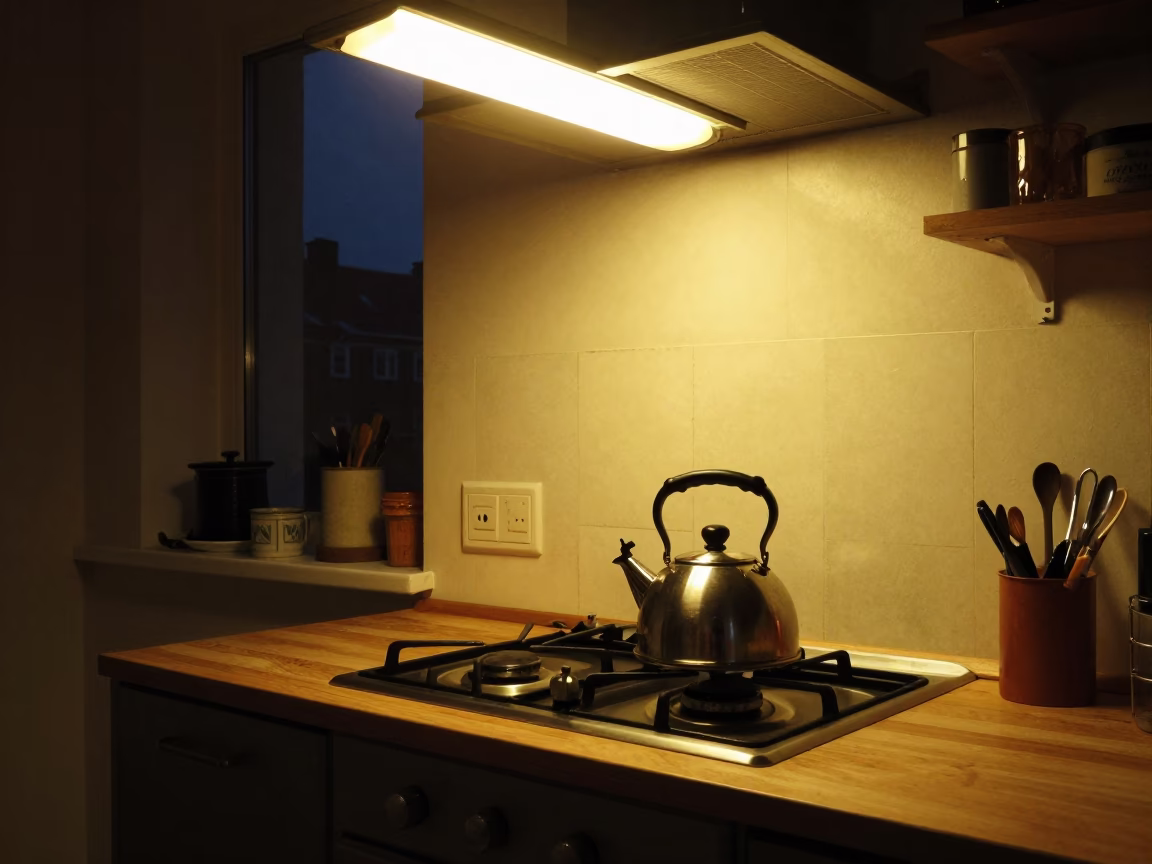 Midnight Copenhagen Kitchen Scene with Tea Kettle and Model Airplane in in Copenhagen, Denmark