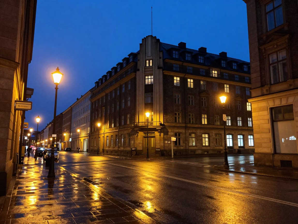 Midnight Copenhagen Street Scene with Art Deco Hotel Facade and Urban Details in in Copenhagen, Denmark