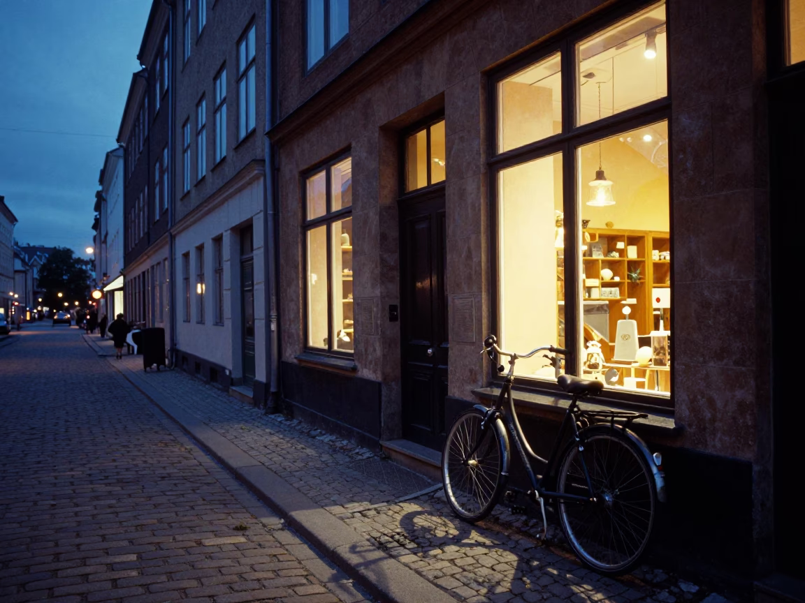 Midnight Copenhagen Street Scene with Bicycle and Bakery Window in in Copenhagen, Denmark