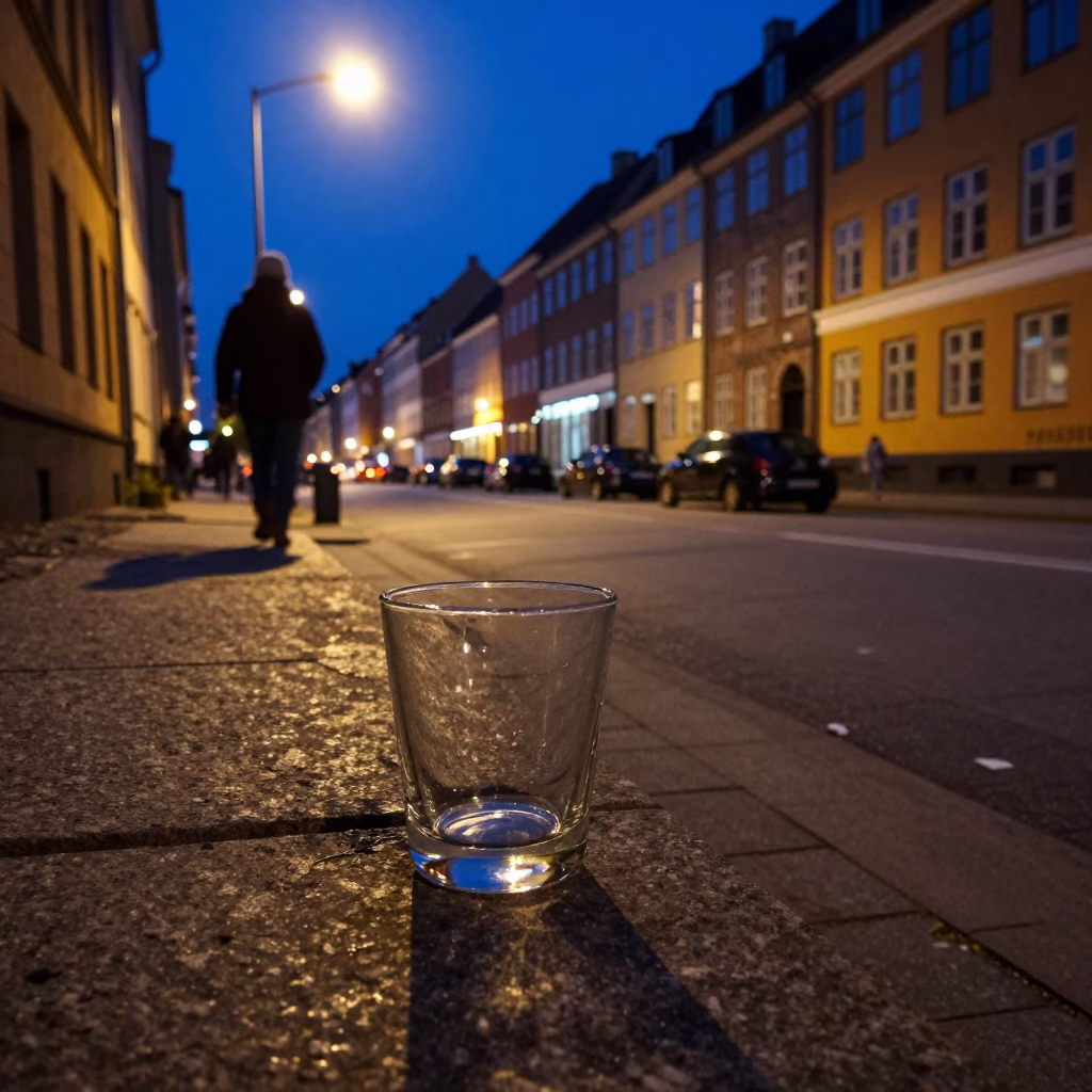 Midnight Copenhagen Street Scene with Glass Tumbler and Urban Reflections in in Copenhagen, Denmark