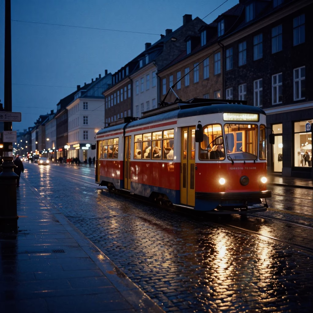 Midnight Copenhagen Street Scene with Heritage Tram on Cobblestones and Newspaper Stack in in Copenhagen, Denmark