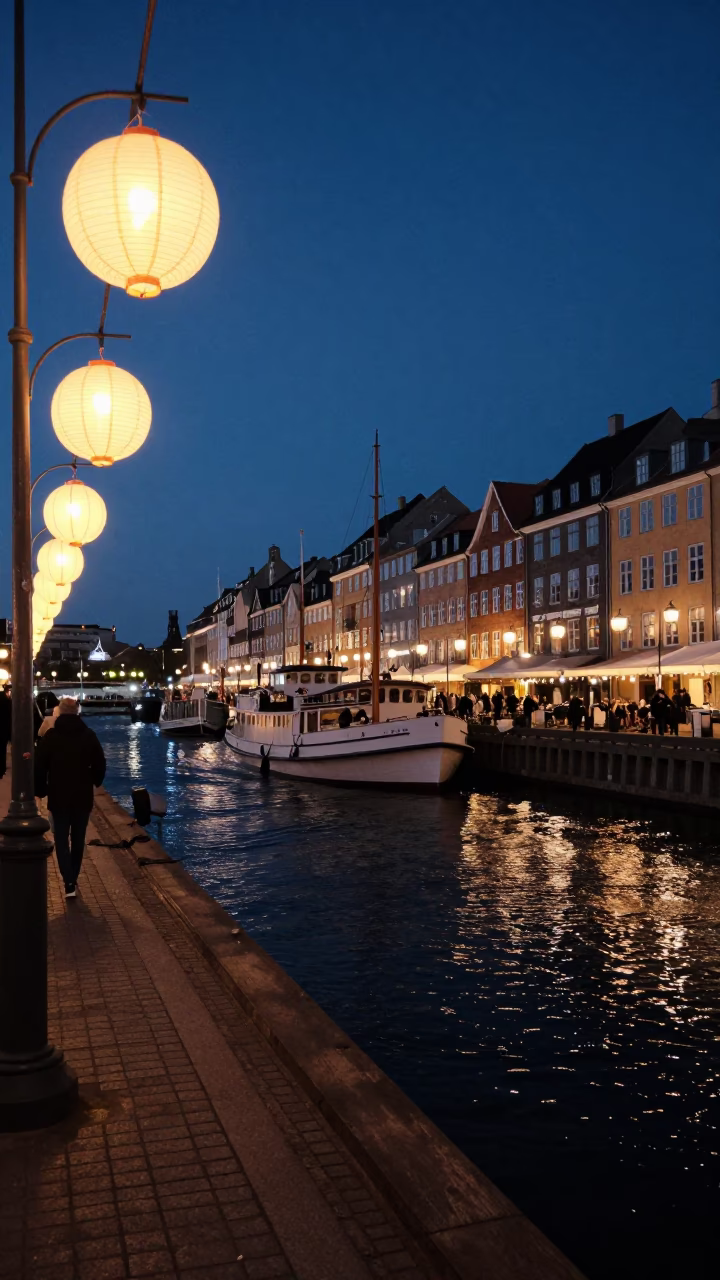 Midnight Copenhagen Street Scene with Mail Boat and Lanterns in in Copenhagen, Denmark