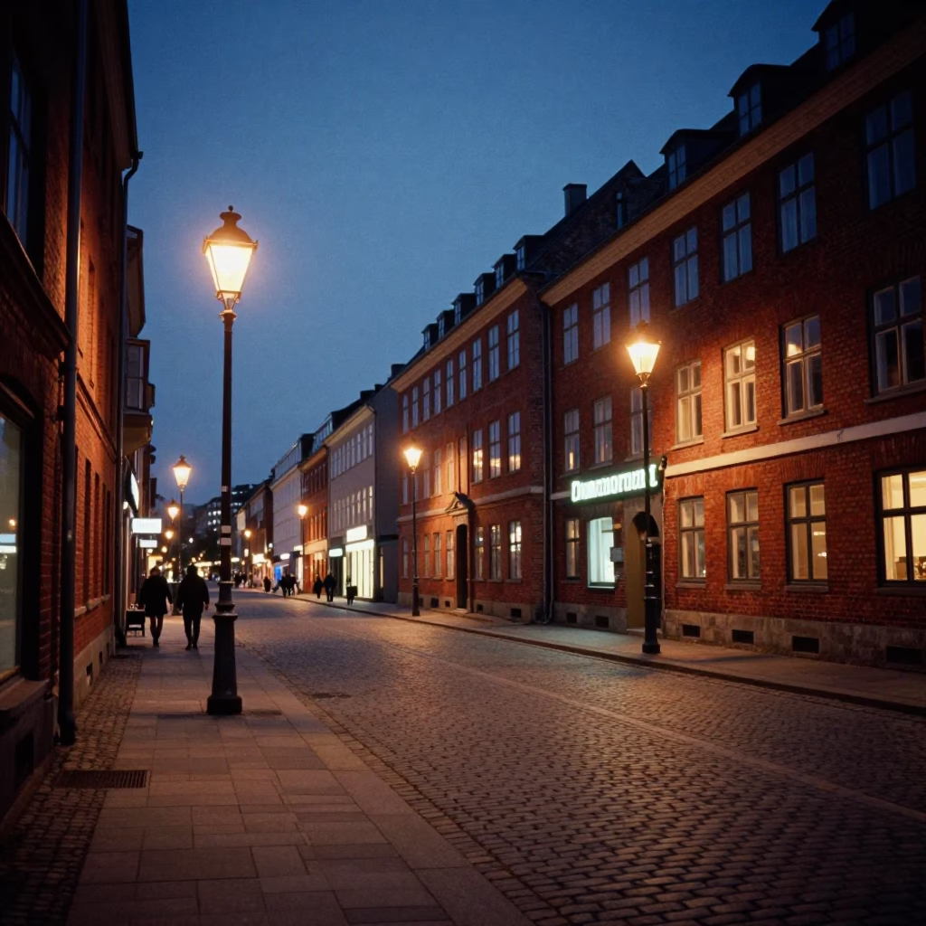 Midnight Copenhagen Street Scene with Neon Lights and Urban Architecture in in Copenhagen, Denmark