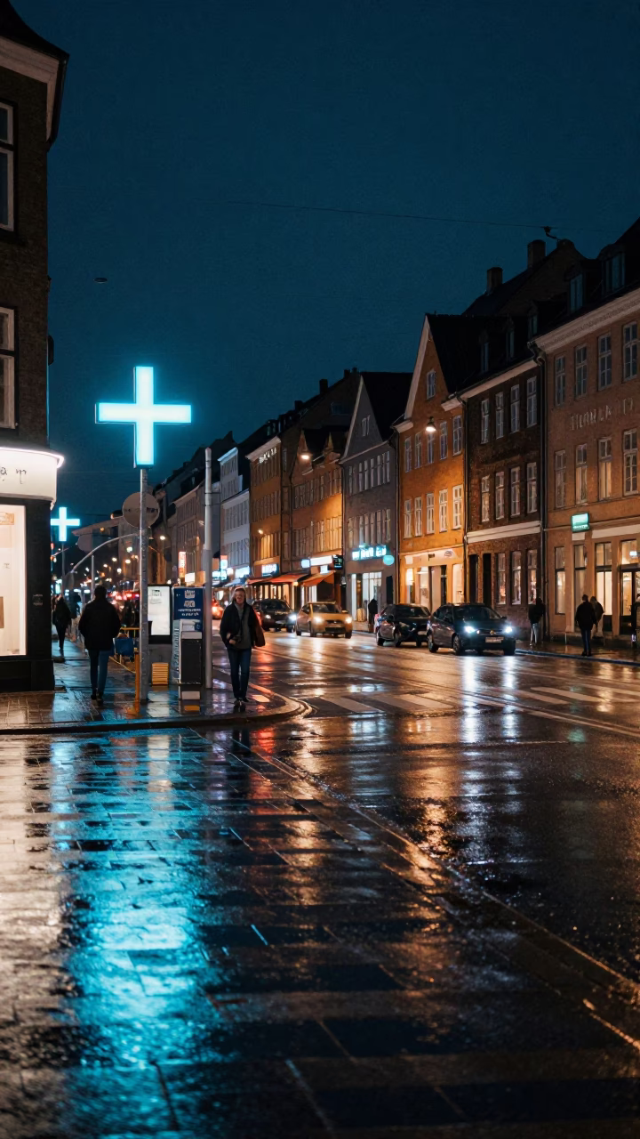 Midnight Copenhagen Street Scene with Neon Reflections and Urban Details in in Copenhagen, Denmark
