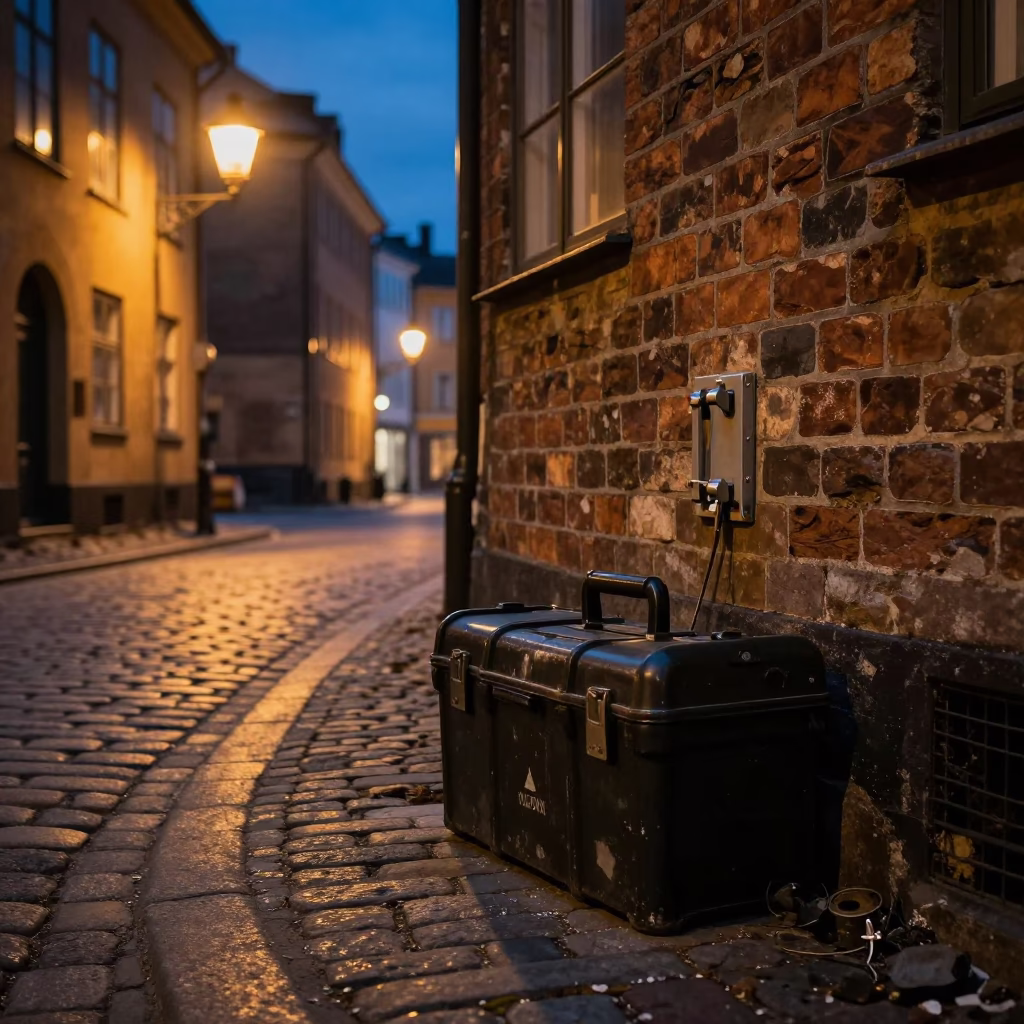 Midnight Copenhagen Street Scene with Toolbox and Latch on Brick Wall in in Copenhagen, Denmark