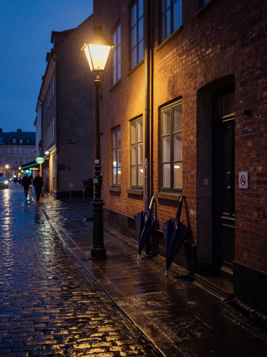 Midnight Copenhagen Street Scene with Umbrellas and Urban Details in in Copenhagen, Denmark