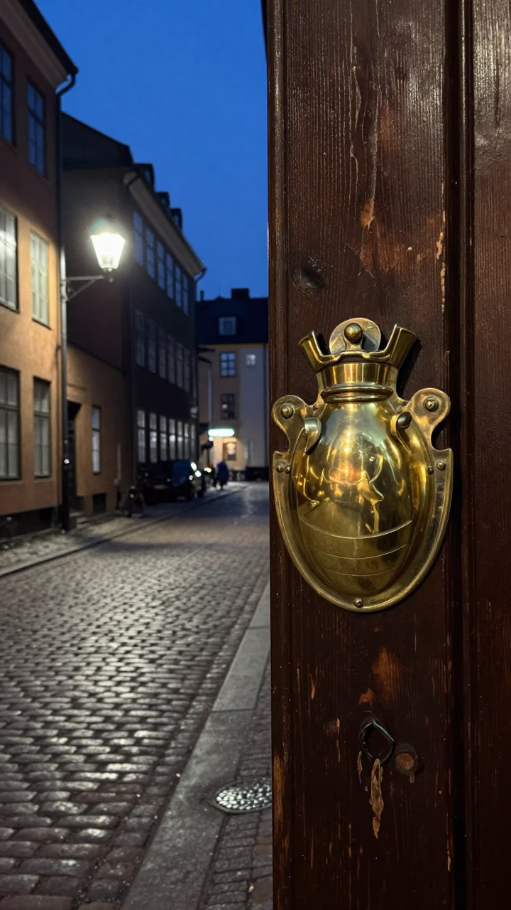 Midnight Copenhagen Street Scene with Vintage Brass Escutcheon and Ceramic Bowl in in Copenhagen, Denmark