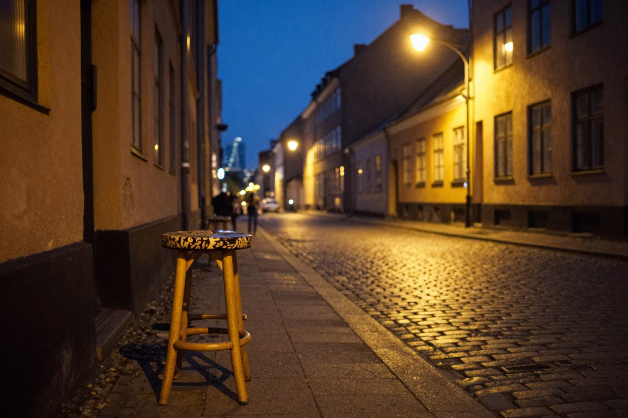 Midnight Copenhagen Street Scene with Vintage Kitchen Stool and Enamel Pitcher on Cobblestones in in Copenhagen, Denmark