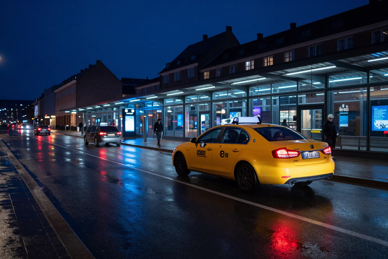 Midnight Copenhagen Street Scene with Yellow Taxi and Neon Reflections in in Copenhagen, Denmark