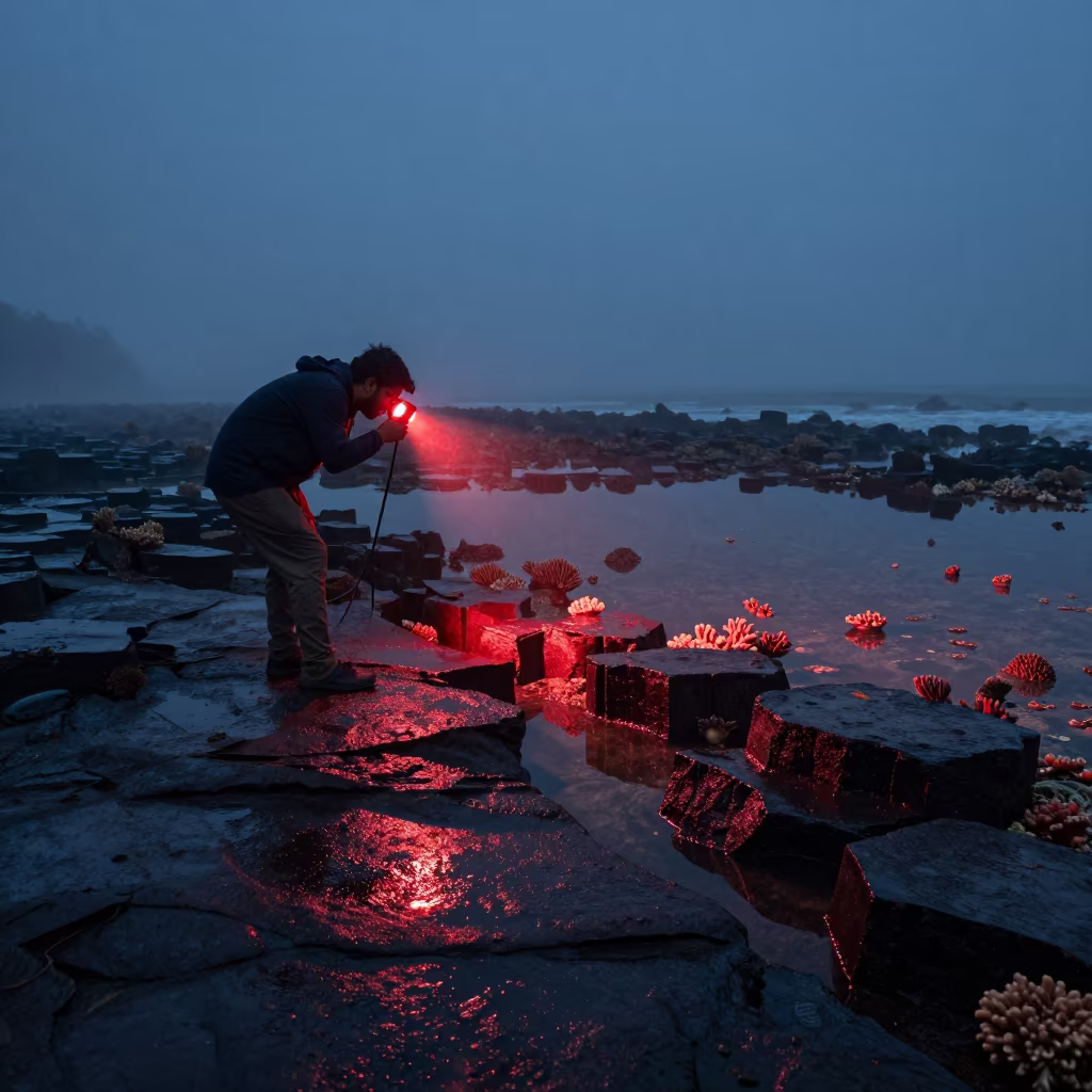 Midnight Coral Survey Under Red Light Fog in along a rocky geology outcrop in Tamil Nadu