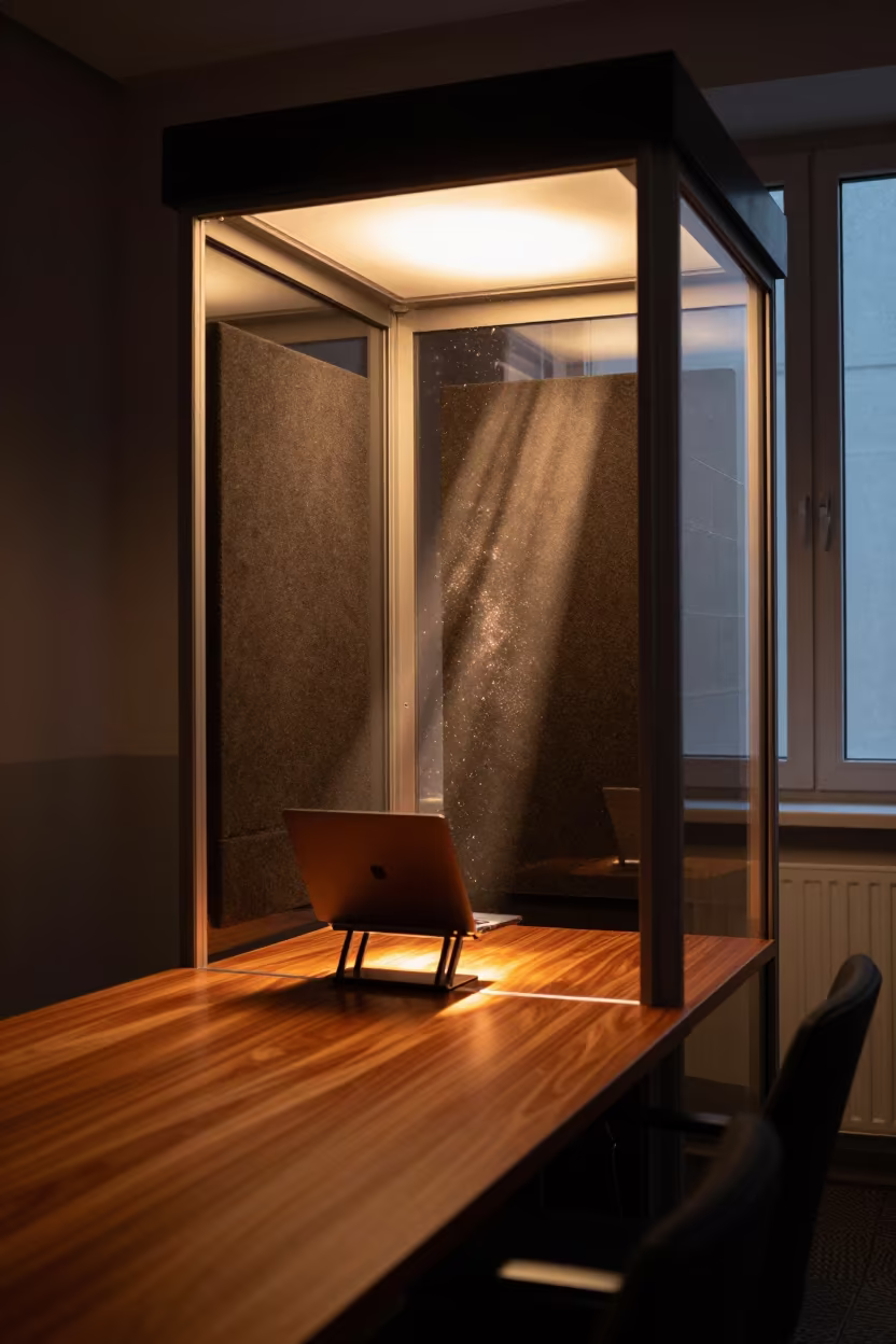 Midnight Coworking Booth in Milan Boardroom in at a boardroom table before a meeting in Milan