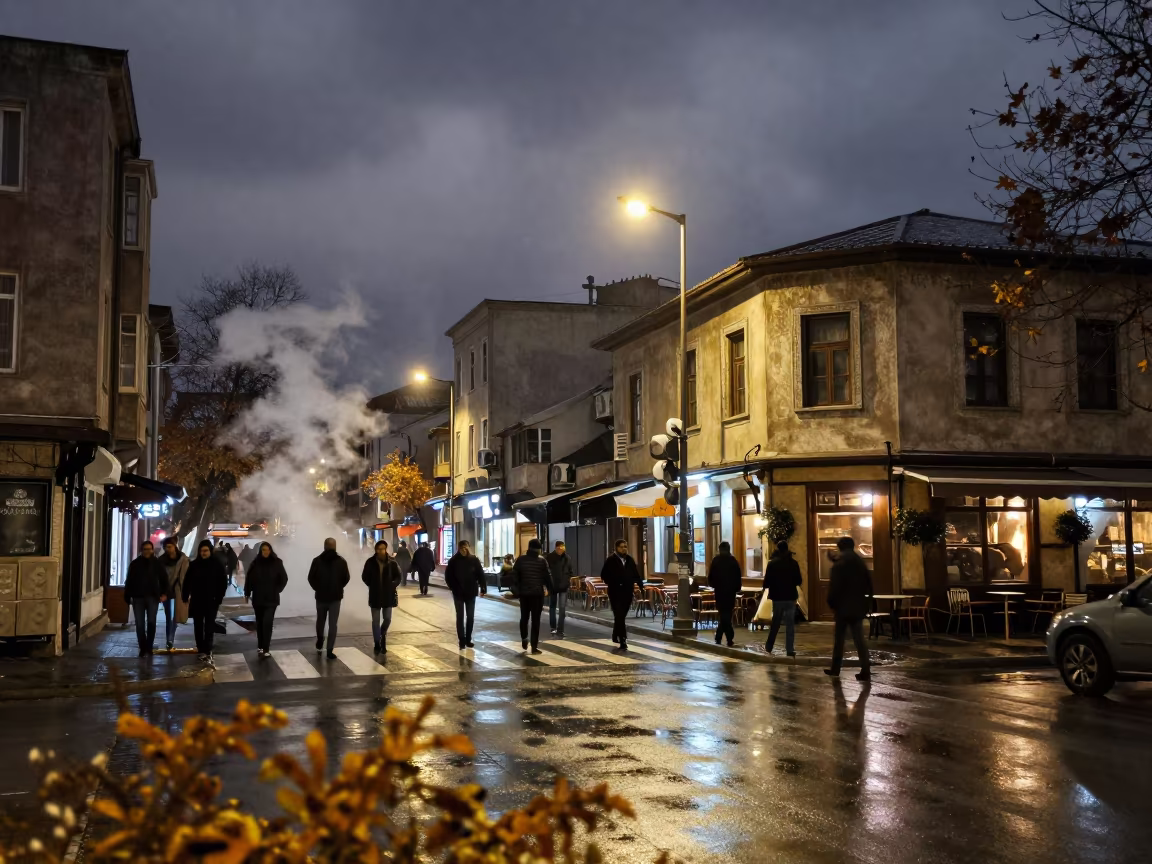 Midnight Crosswalk Steam Vents Diyarbakir Autumn in outside a corner cafe in Diyarbakir