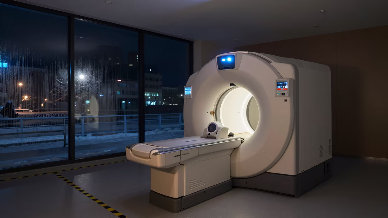 Midnight CT Scanner Room With Warning Stripes in inside a rehabilitation gym near Ulsan