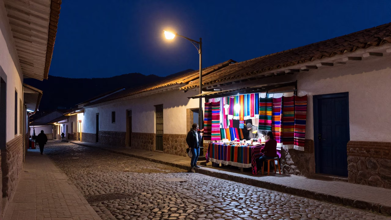 Midnight Cusco Street Scene with Colorful Textiles and Local Nightlife in in Cusco, Peru