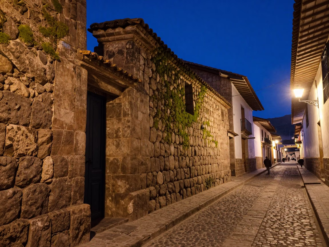 Midnight Cusco Street Scene with Mossy Stone Walls and Local Night Life in in Cusco, Peru