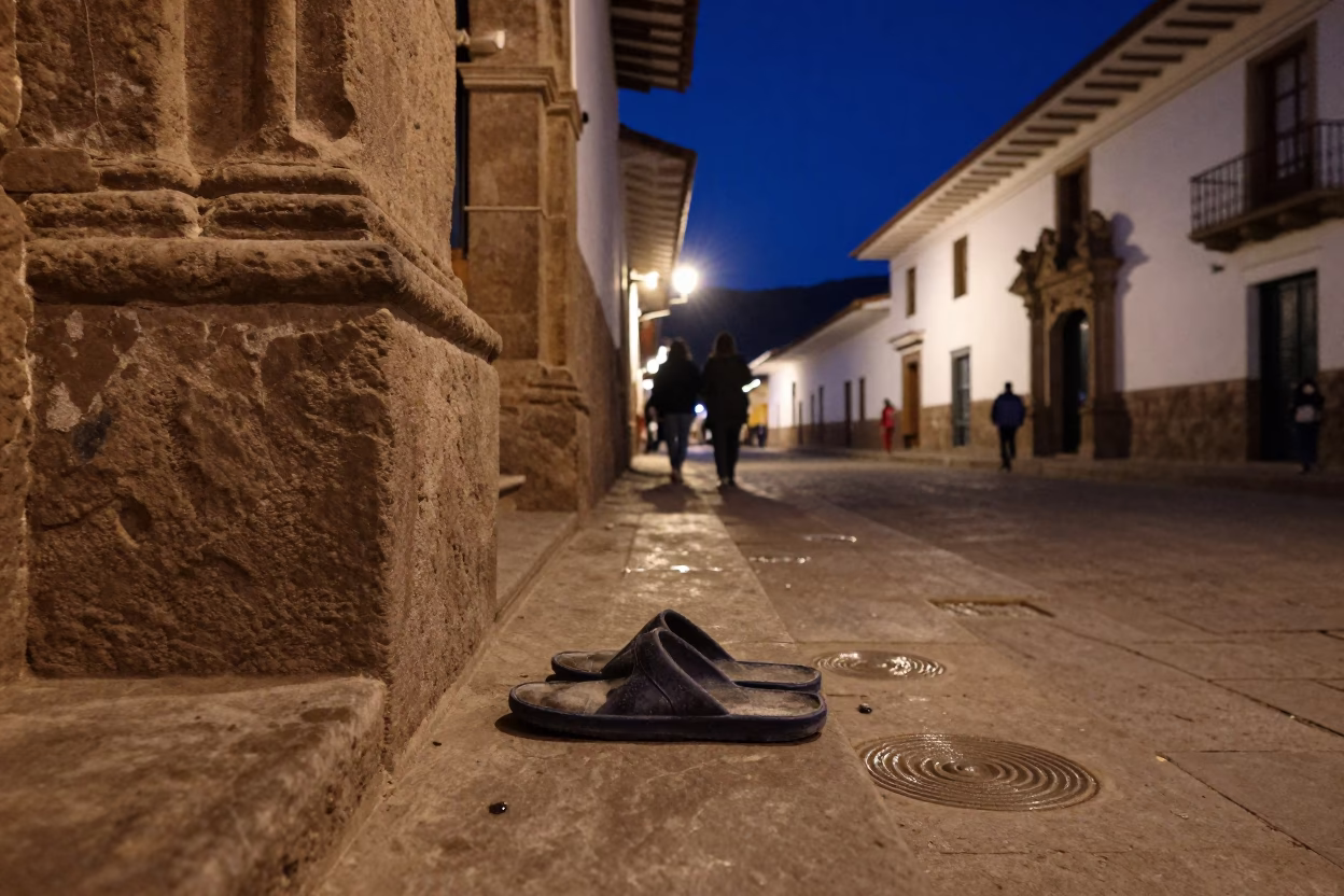 Midnight Cusco Street Scene with Slippers and Water Rings on Stone Ledge in in Cusco, Peru