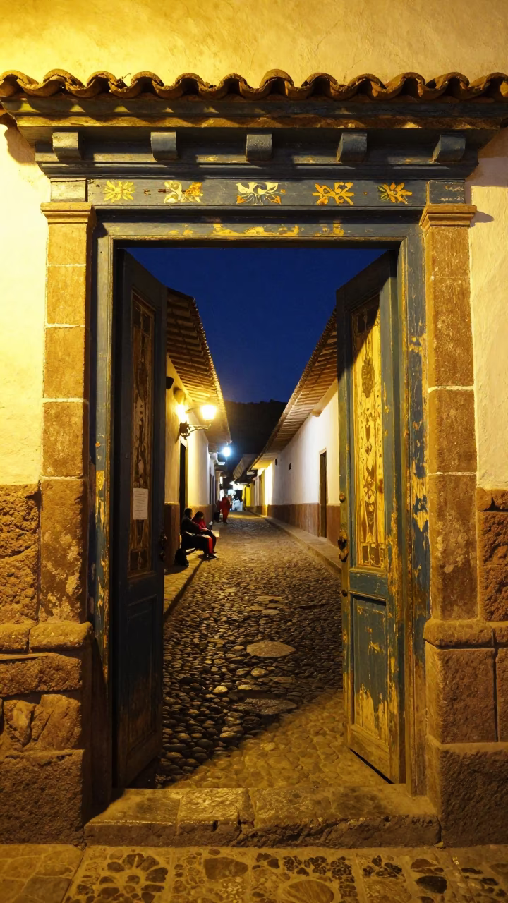 Midnight Cusco Street Scene with Traditional Andean Doorframe and Local Night Activity in in Cusco, Peru