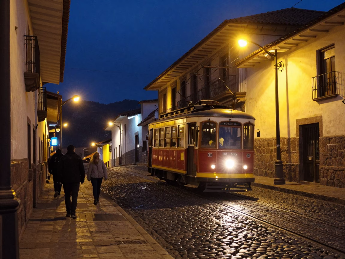 Midnight Cusco Street Scene with Tram on Steep Hill and Laundry Pins in in Cusco, Peru
