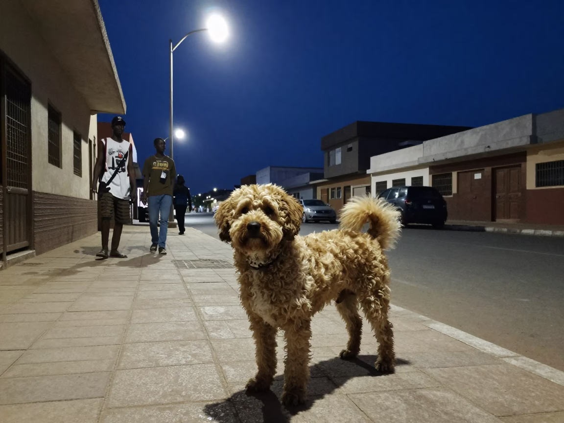 Midnight Dakar Street Scene with Barbet Dog and Local Market Activity in in Dakar, Senegal