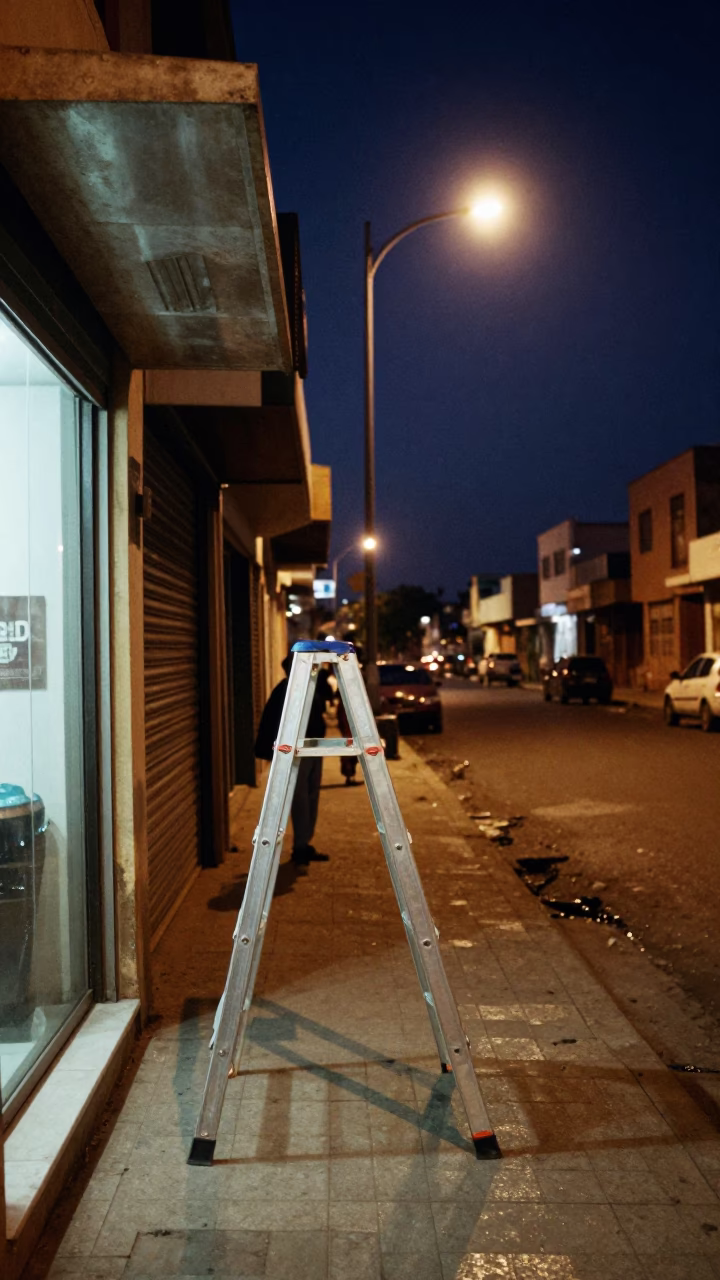 Midnight Dakar Street Scene with Step Ladder and Glass Handle at Night in in Dakar, Senegal