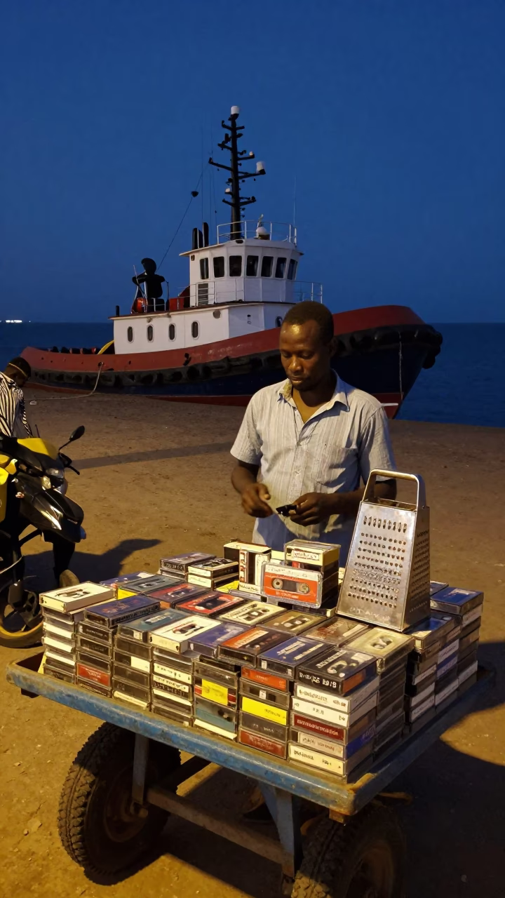 Midnight Dakar Street Scene with Tugboat Fleet and Cassette Tapes at Night in in Dakar, Senegal