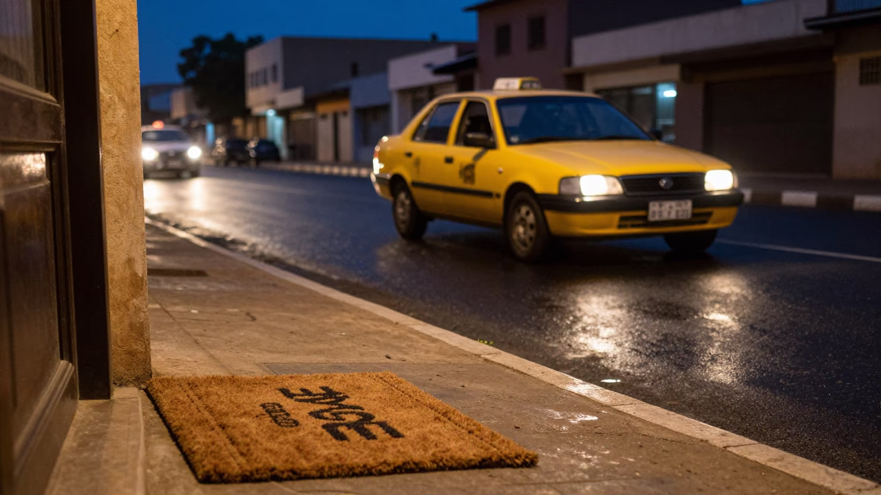 Midnight Dakar Street Scene with Yellow Taxi and Doormat in in Dakar, Senegal
