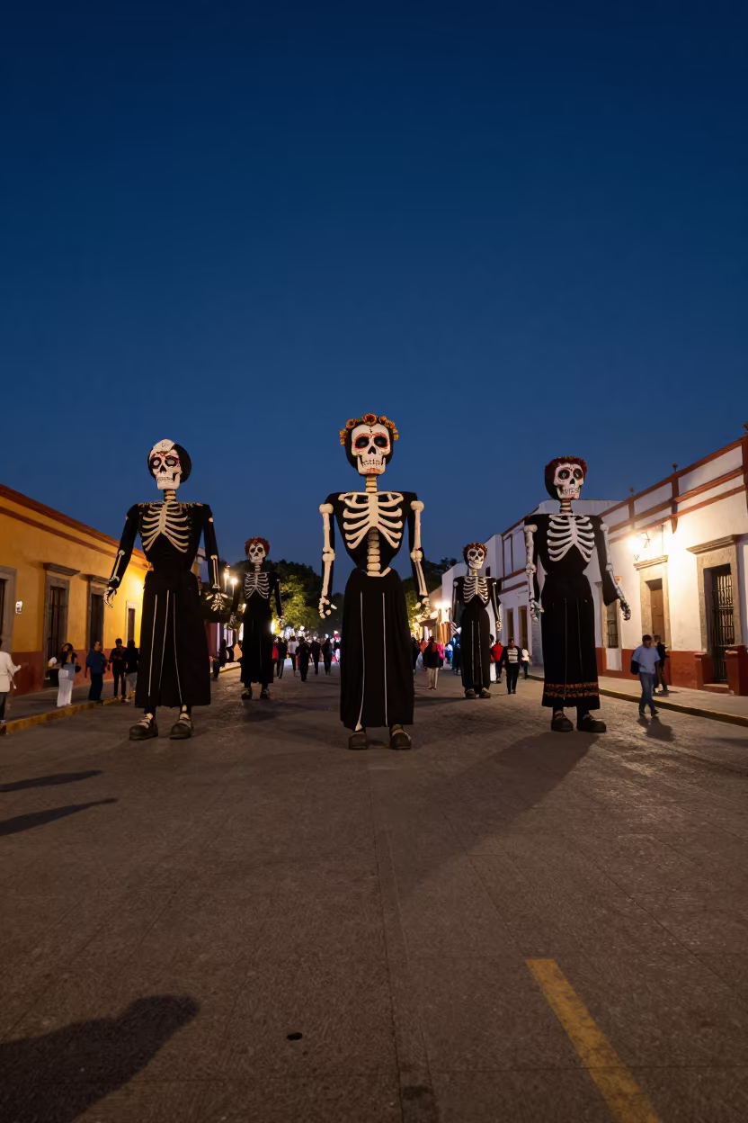 Midnight Day of the Dead Parade Giant Skeletons in at a festival street procession near Puebla