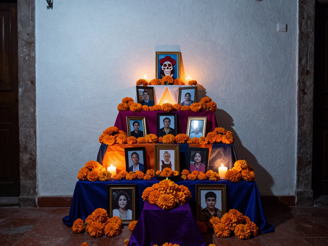 Midnight Day of the Dead Altar in Mexico City Neighborhood Home Interior in in Mexico City, Mexico