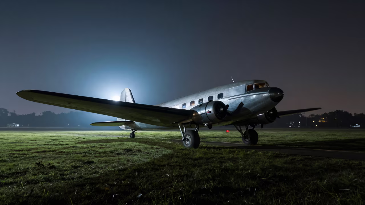 Midnight DC-3 on Indian Grass Airstrip in in India