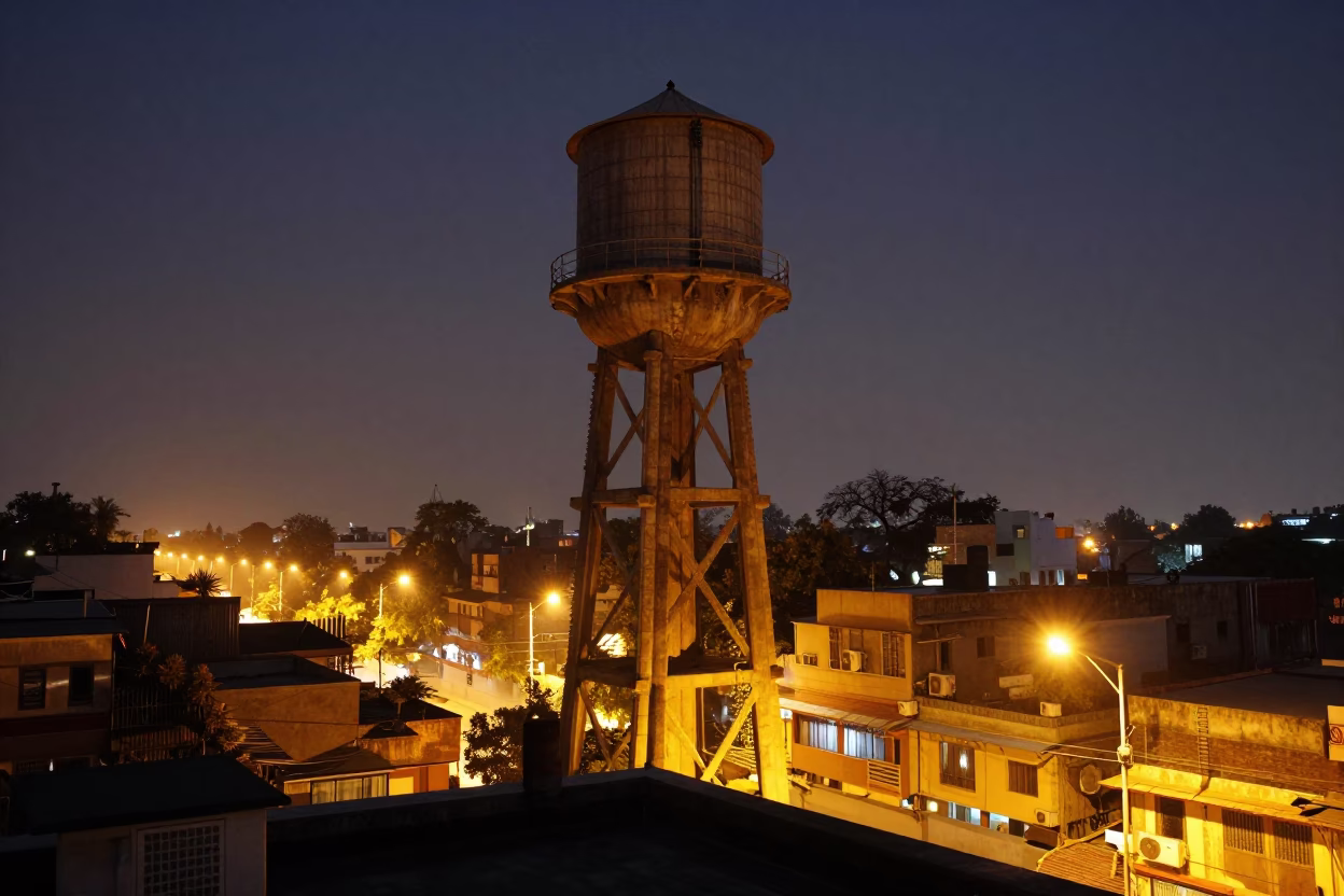 Midnight Delhi Rooftop Water Tower and Street Lights in 1980s India in in Delhi, India