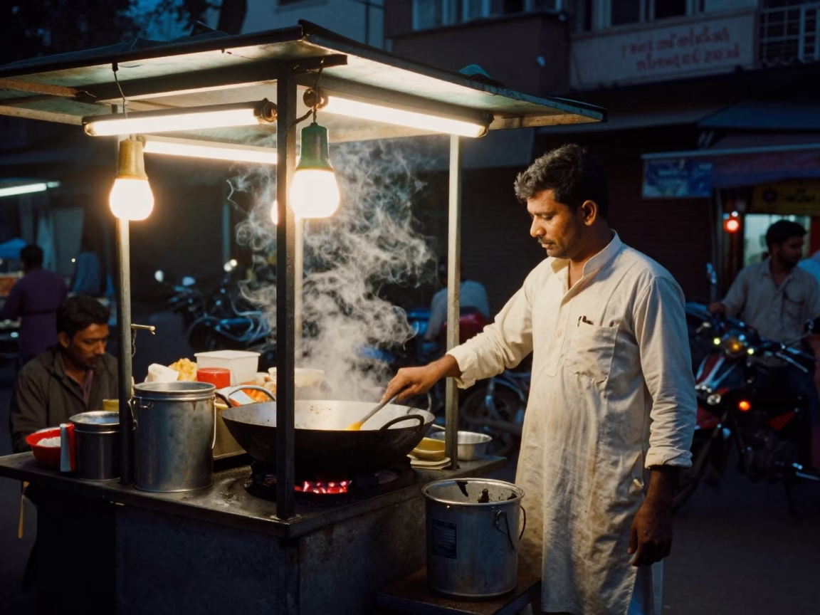 Midnight Delhi street food stall with grease bucket and linen shelf bracket in in Delhi, India