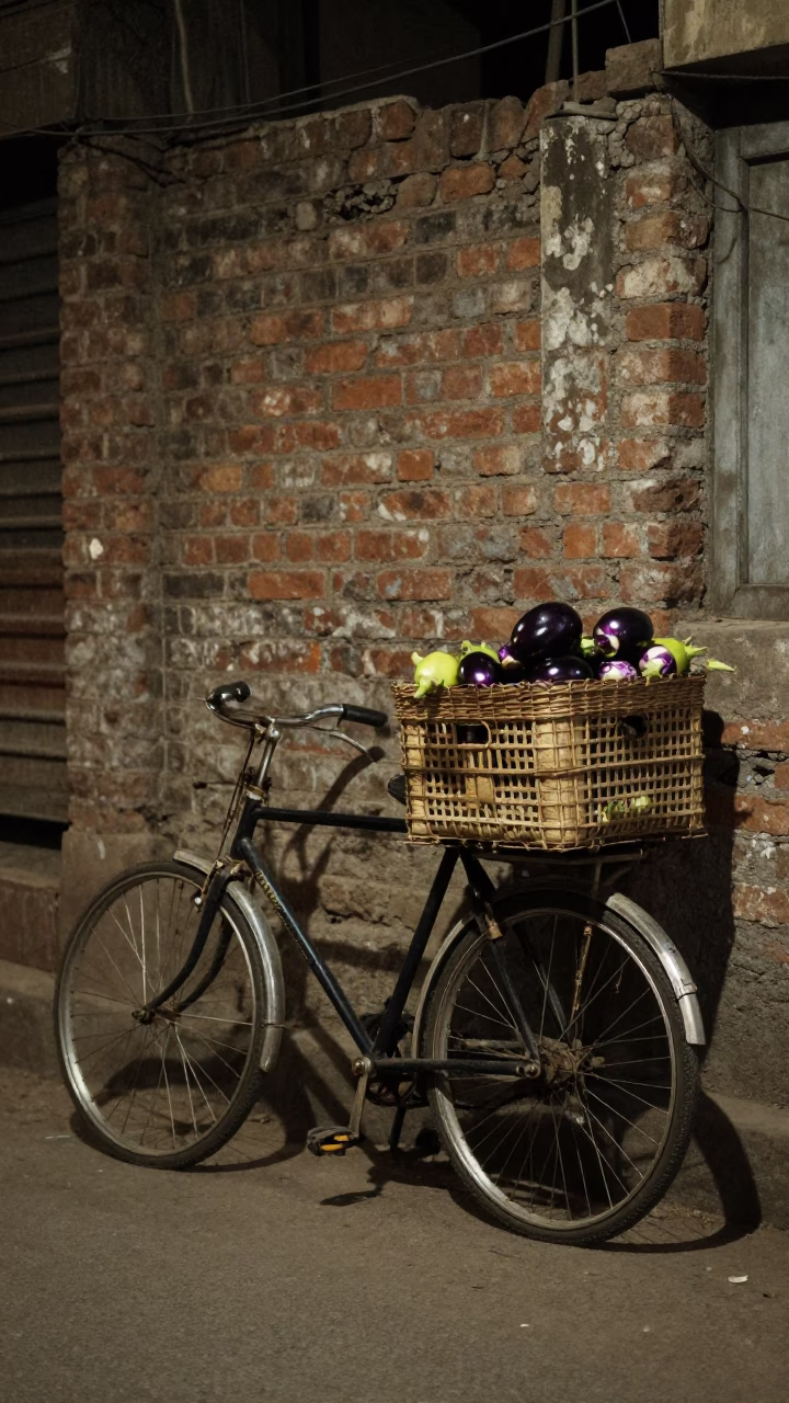 Midnight Delhi Street Scene with Eggplants and Bicycle in 1980s India in in Delhi, India
