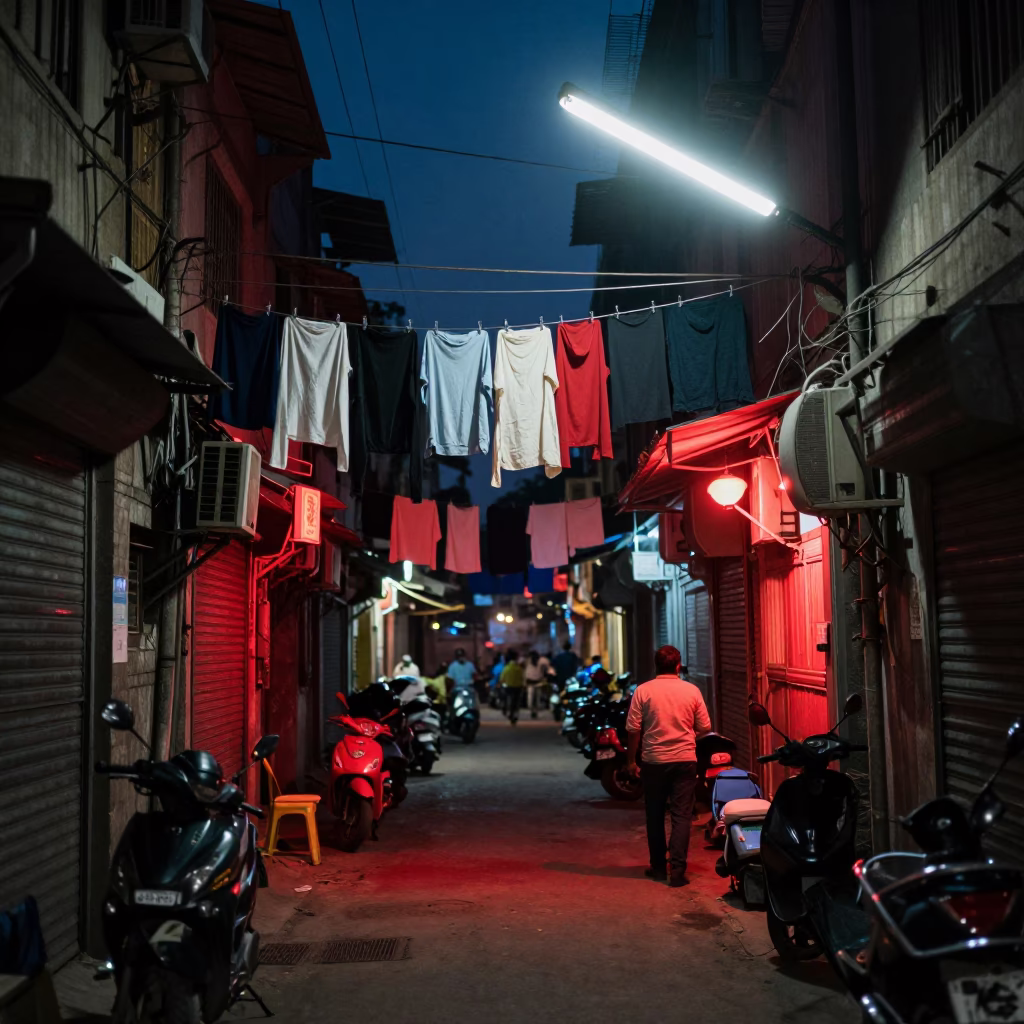 Midnight Delhi Street Scene with Hanging Laundry and Neon Signs in in Delhi, India