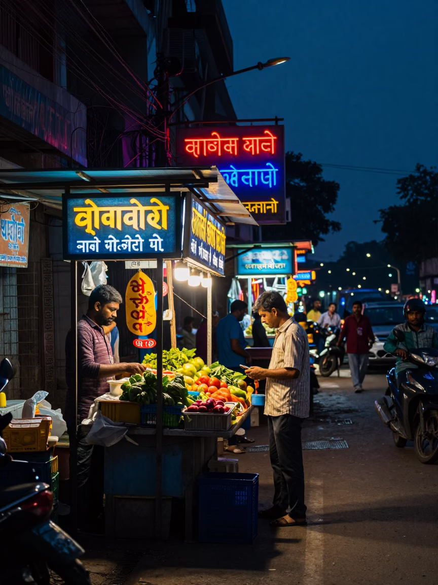Midnight Delhi Street Scene with Neon Lights and Glass Jar on Concrete in in Delhi, India