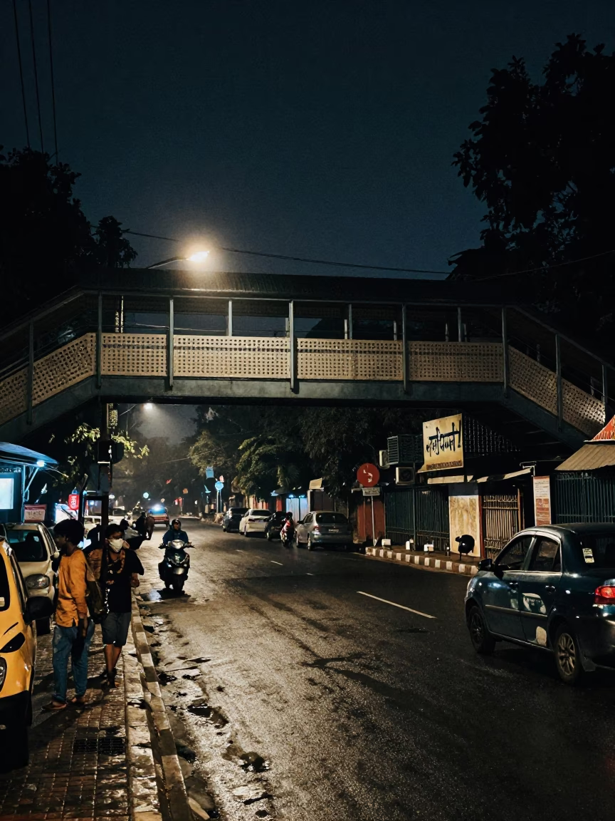 Midnight Delhi Street Scene with Pedestrian Overpass and Wet Footsteps in in Delhi, India