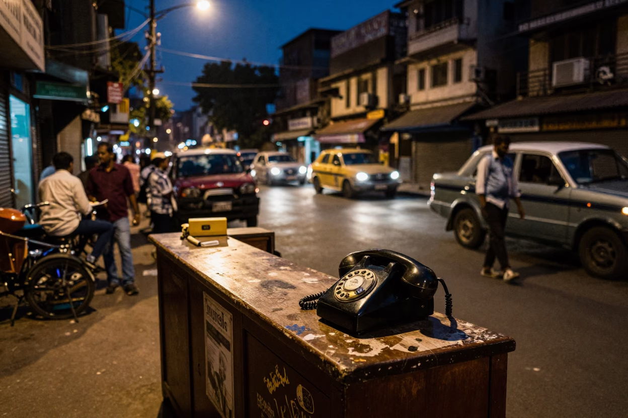 Midnight Delhi Street Scene with Vintage Bakelite Telephone and Colorful Local Life in in Delhi, India