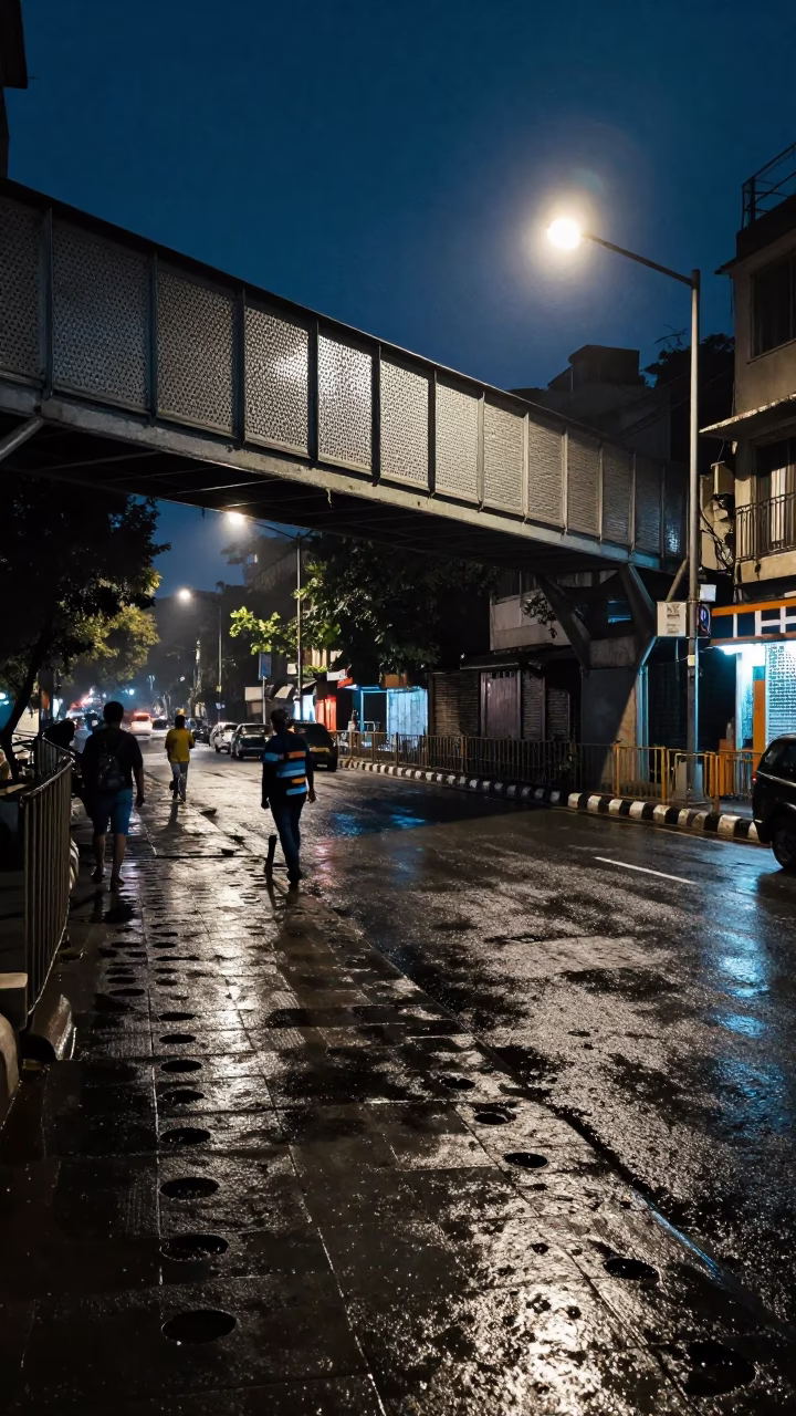 Midnight Delhi Street Scene with Wet Footsteps on Metal Pedestrian Overpass in in Delhi, India