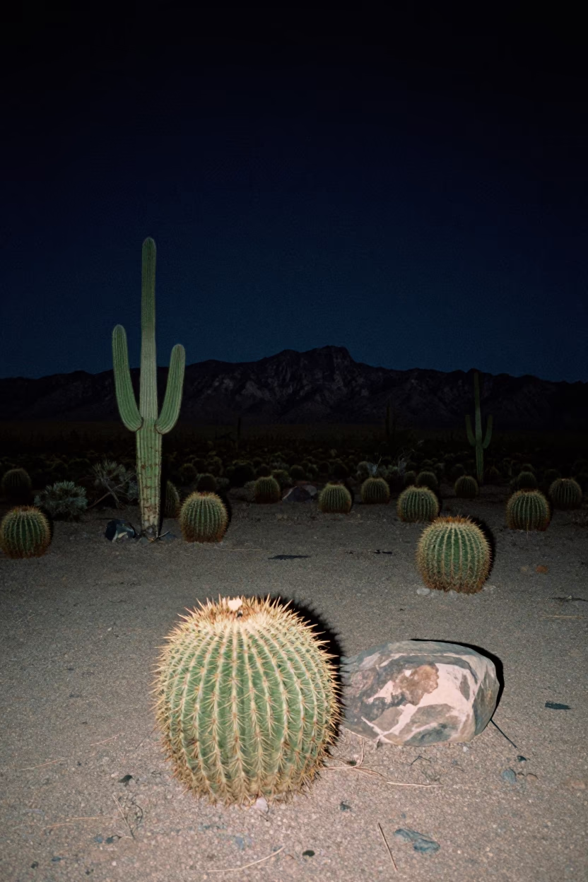 Midnight Desert Landscape in Santa Fe New Mexico with Barrel Cactus and Stone Architecture in in Santa Fe, New Mexico, United States
