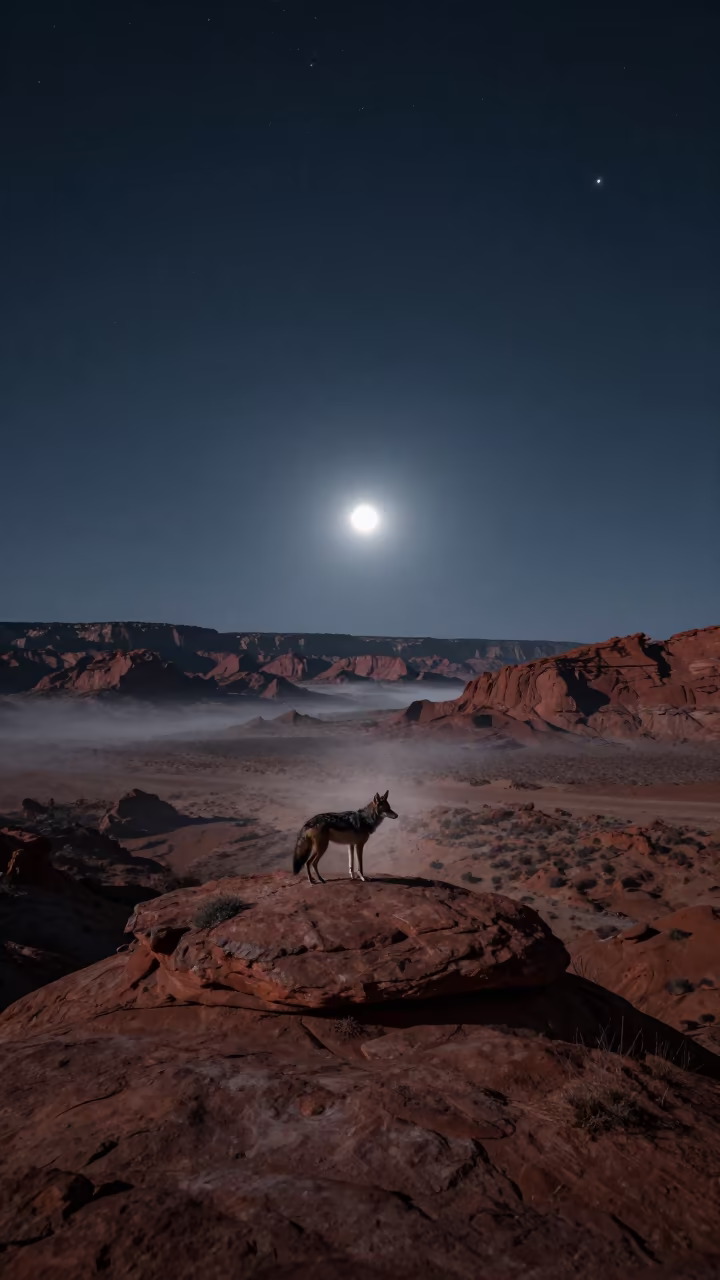 Midnight Desert Sky with Coyote Silhouette in beneath a moon-washed horizon in Utah
