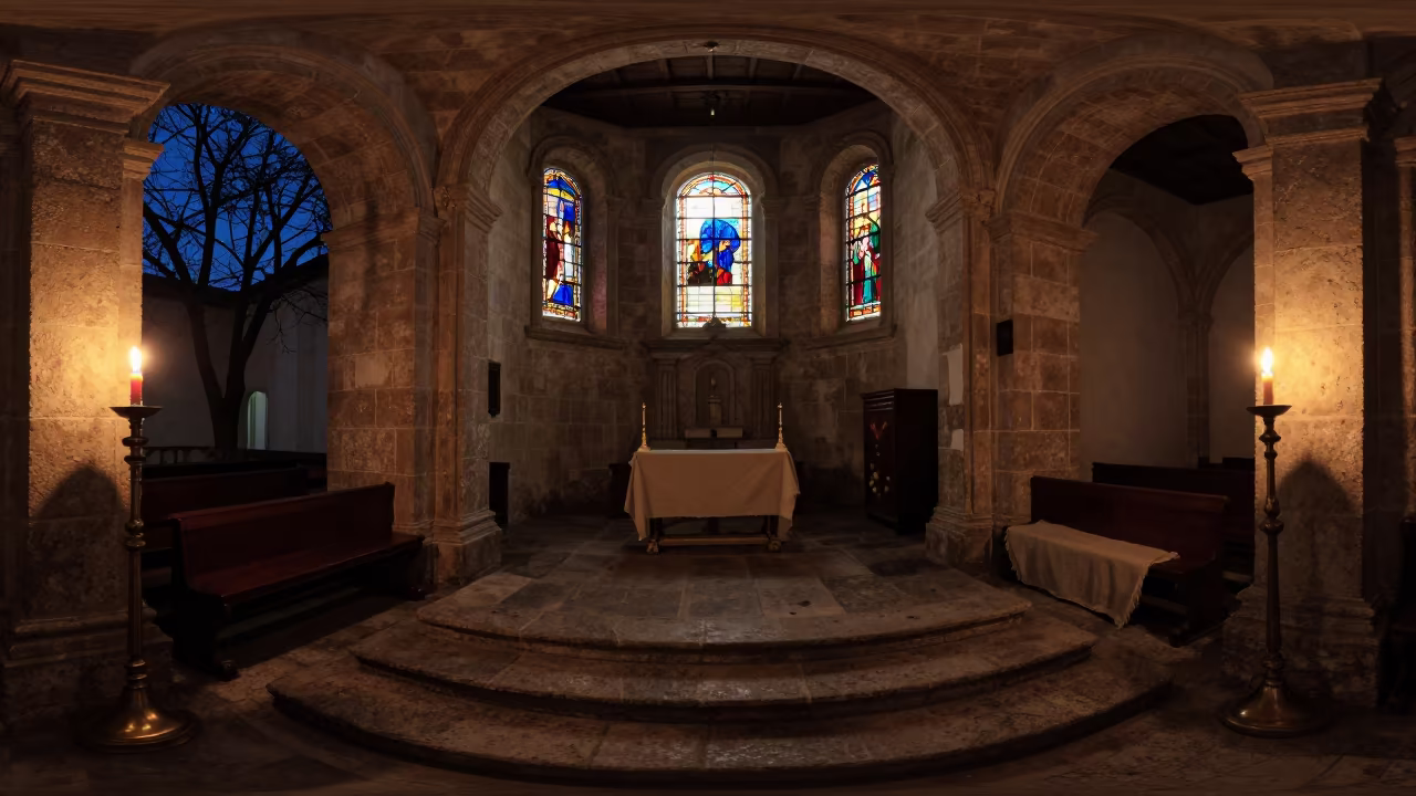 Midnight Devotional Light in Santo Domingo Chapel in in a chapel lit by stained glass in Santo Domingo