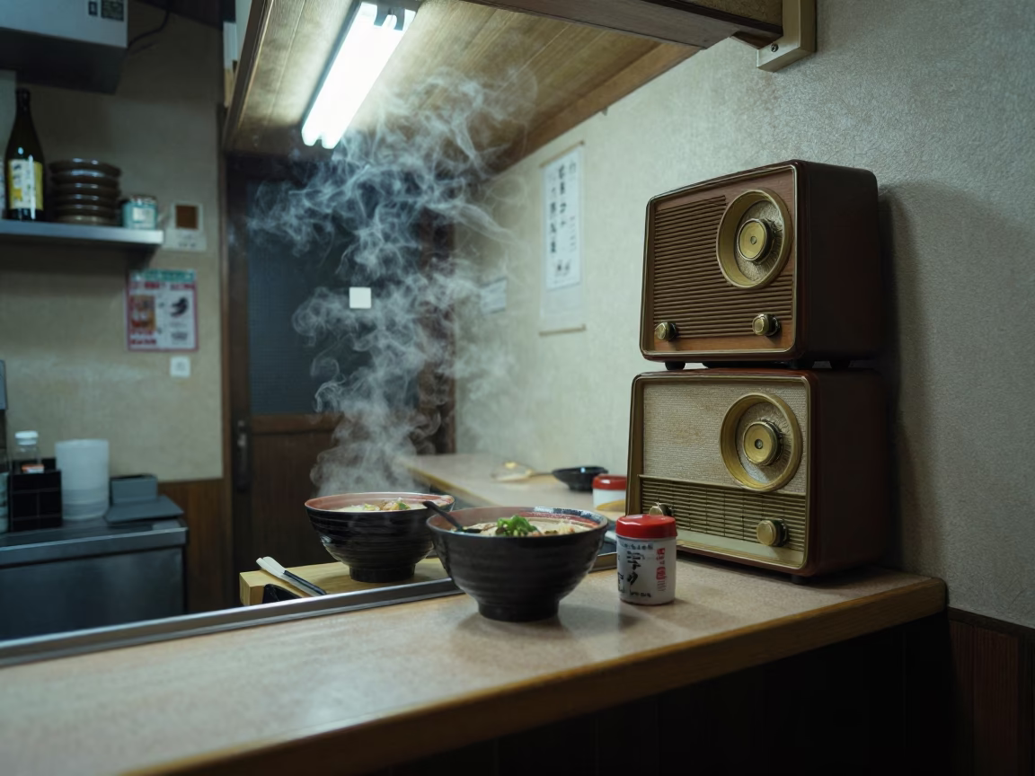 Midnight Diner in Fukuoka Japan with Vintage Radio and Tea Tin in in Fukuoka, Japan