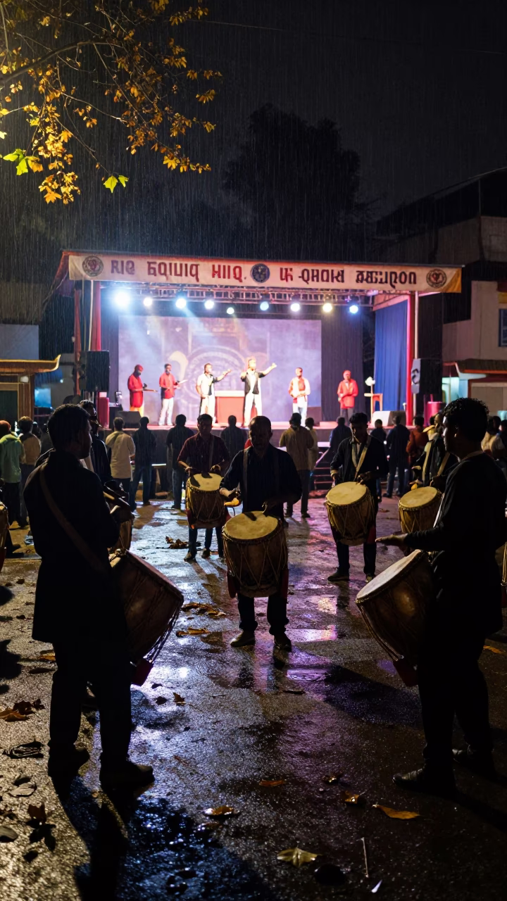 Midnight Drum Circle Behind Stage in Rudrapur Rain in at a festival street procession in Rudrapur