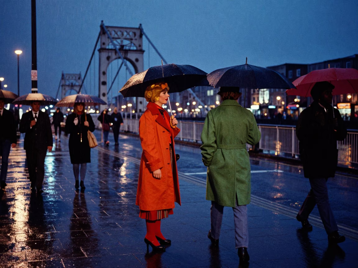 Midnight Dublin Street Fashion with Umbrellas and Harbor Rain Reflections in in Dublin, Ireland