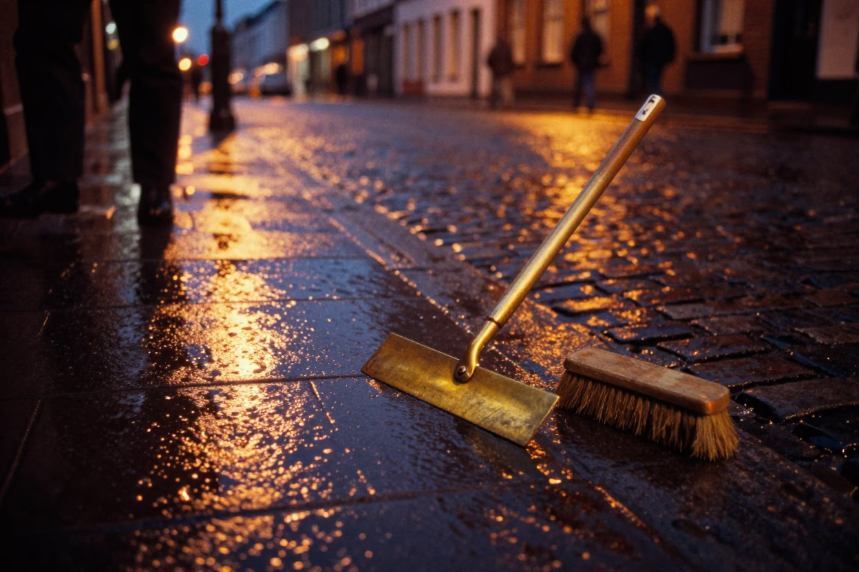 Midnight Dublin Street Scene with Boot Scraper and Brushed Steel Hook Plate in in Dublin, Ireland