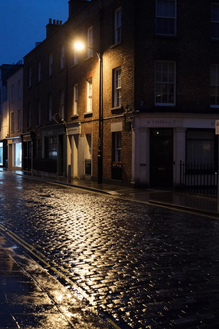 Midnight Dublin Street Scene with Cobblestones and Streetlight Reflections in in Dublin, Ireland
