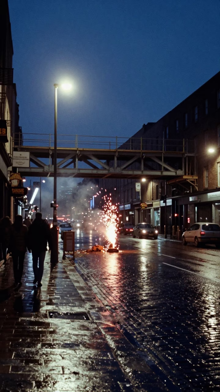 Midnight Dublin Street Scene with Construction Sparks and Glass Railings in in Dublin, Ireland